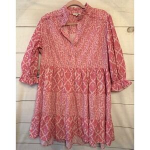 umgee USA Pink White Paisley Tiered Ruffle Collar Button Up Mini Dress Womens M